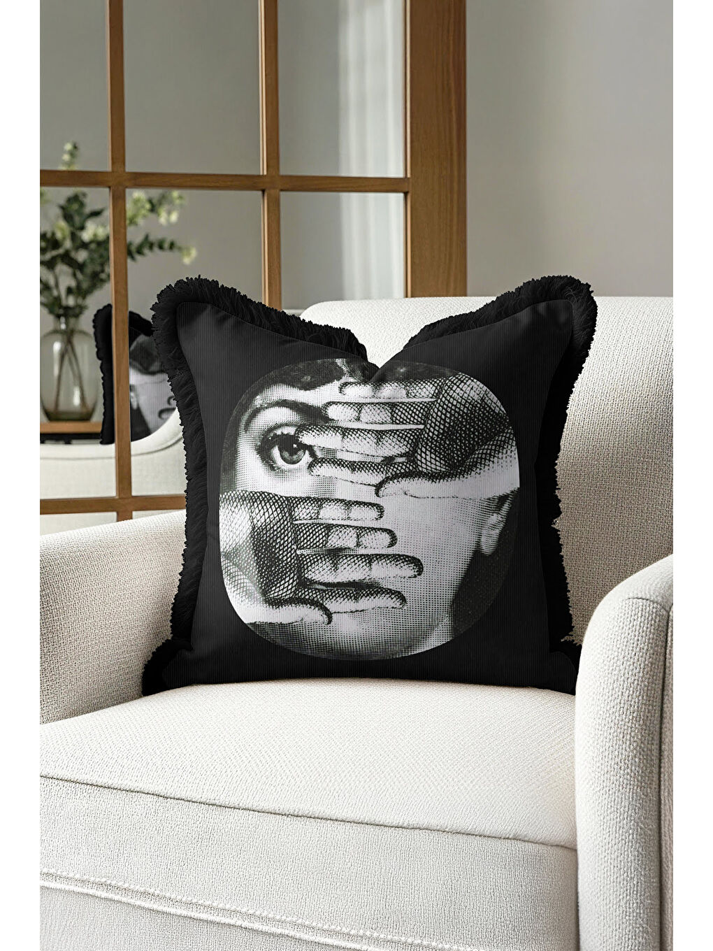 Karışık Modern Sanat İkonik Saçaklı Yastık Kılıfı - Sürreal Retro Siyah Gümüş Püsküllü Kırlent Kılıfı