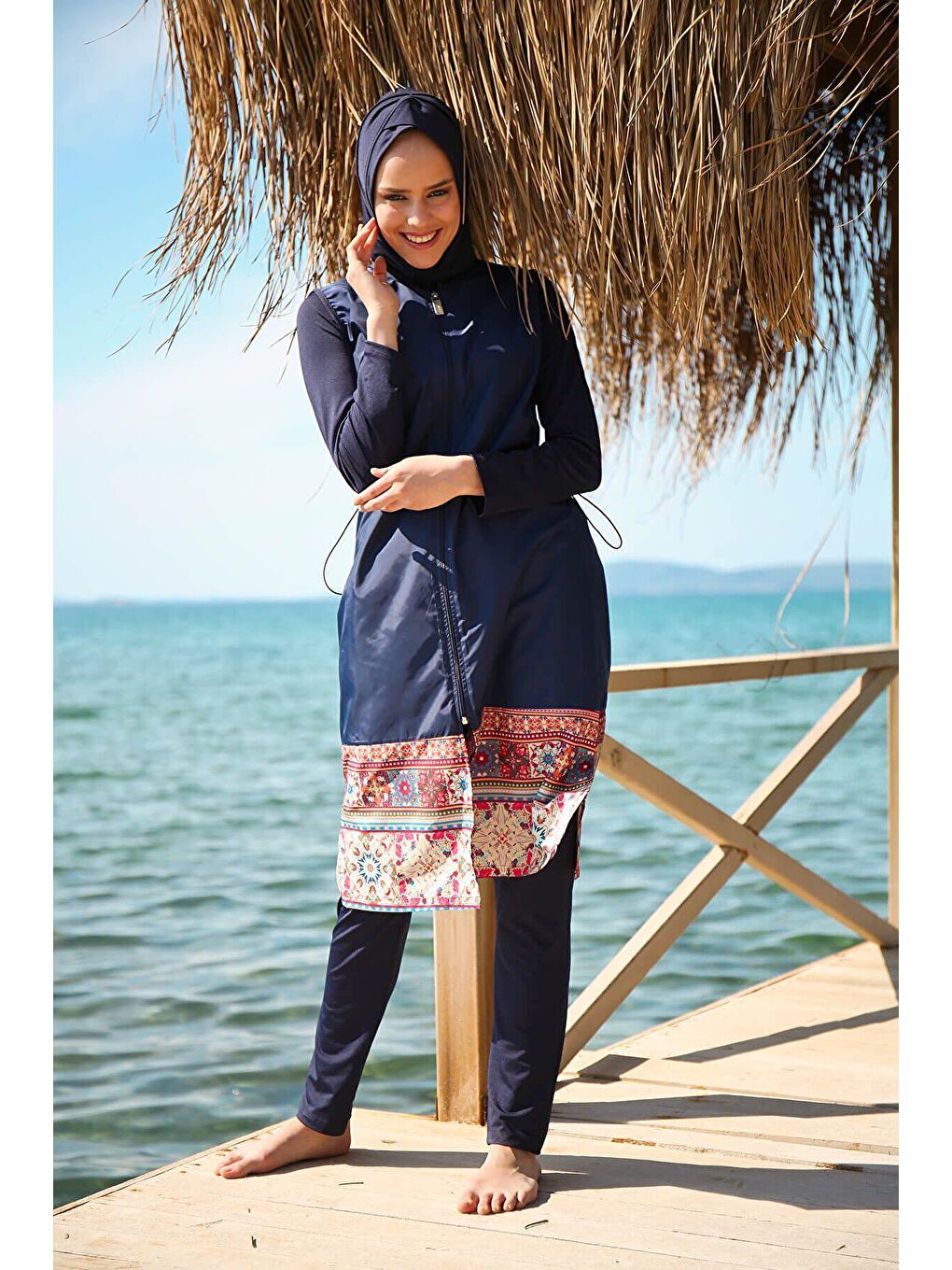 4’lü Paraşüt Lacivert Etek Ucu Desenli Fermuarlı Tam Kapalı Tesettür Mayo 1982-2