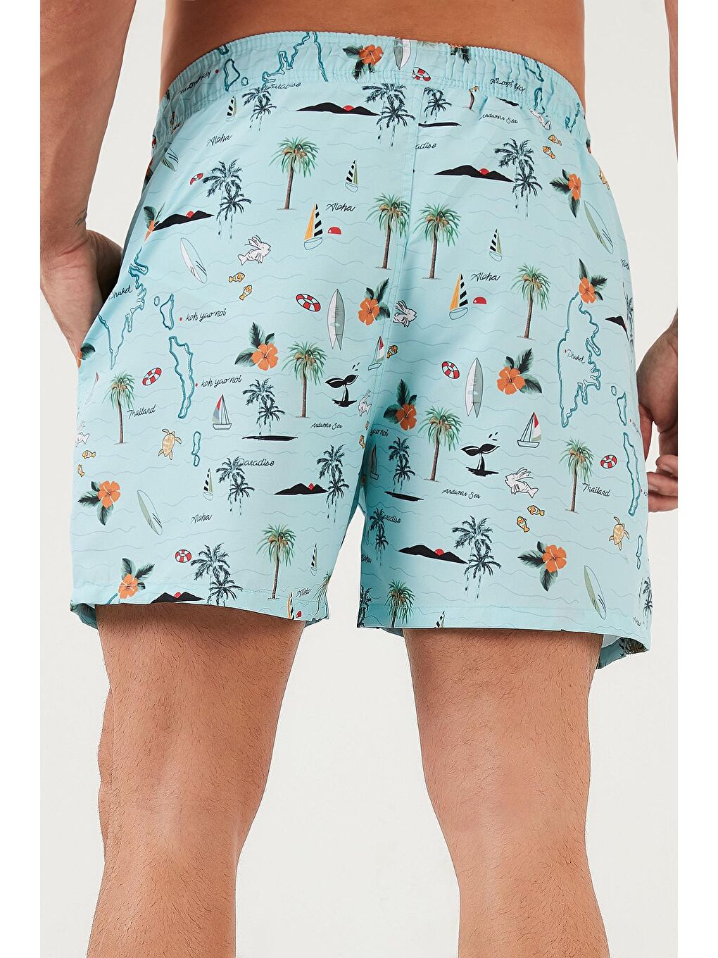 Turkuaz Desenli Deniz Şortu Belden Bağlamalı Cepli Erkek Mayo Short 3800558-2