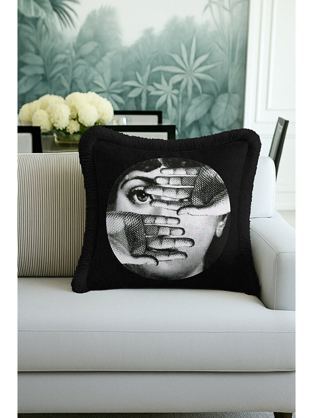 Karışık Modern Sanat İkonik Saçaklı Yastık Kılıfı - Sürreal Retro Siyah Gümüş Püsküllü Kırlent Kılıfı-1