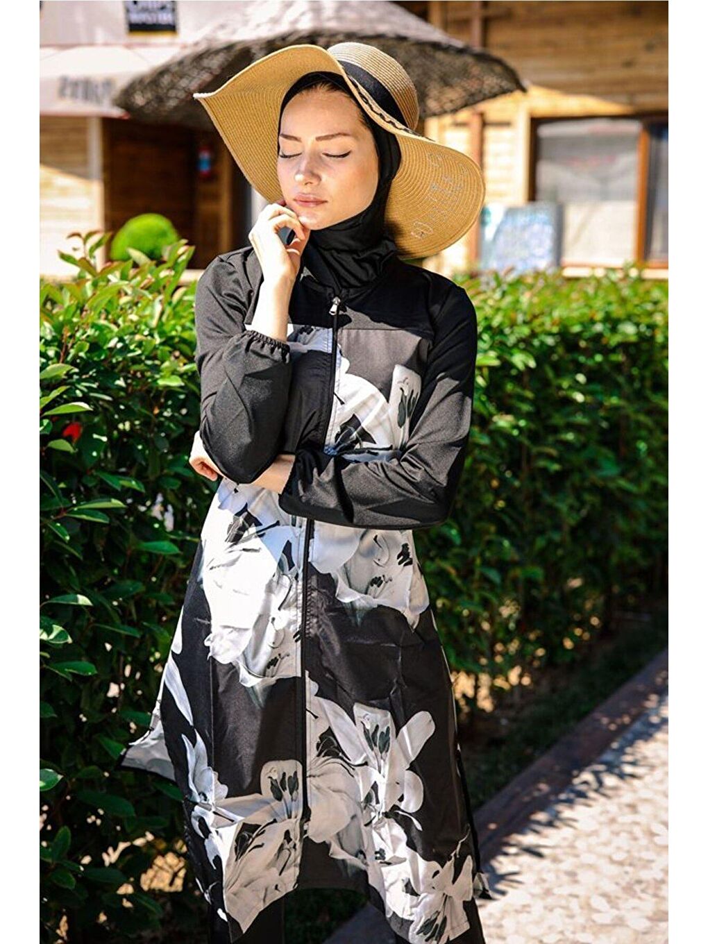 Siyah Çiçek Desenli Paraşüt 3’lü Tam Kapalı Tesettür Mayo 1993