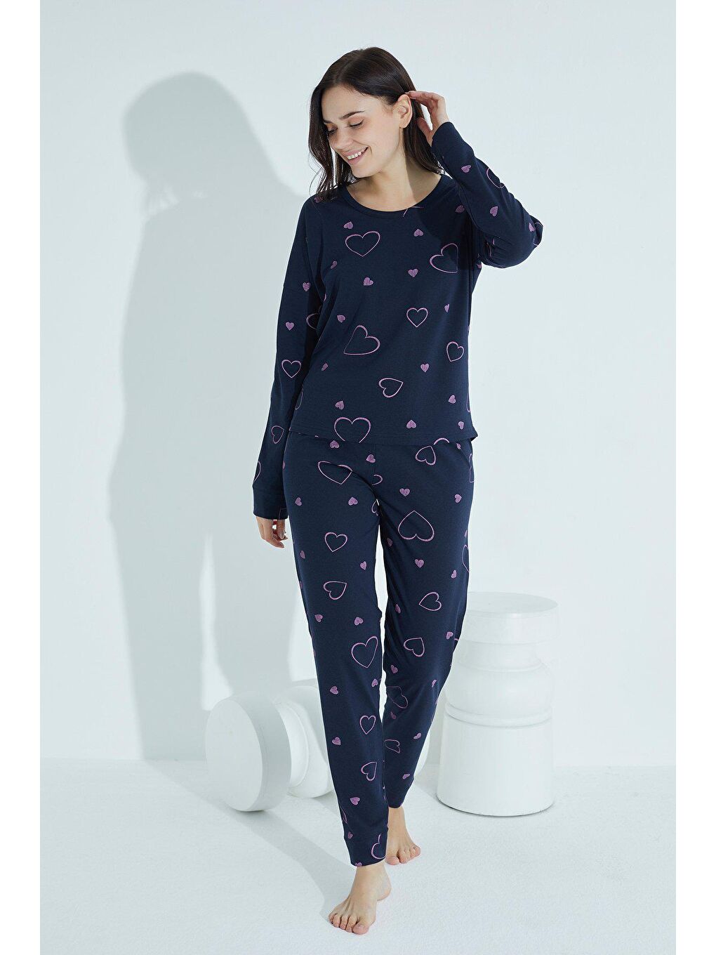 Lacivert Kadın Desenli Pijama Takımı Bisiklet Yaka  957