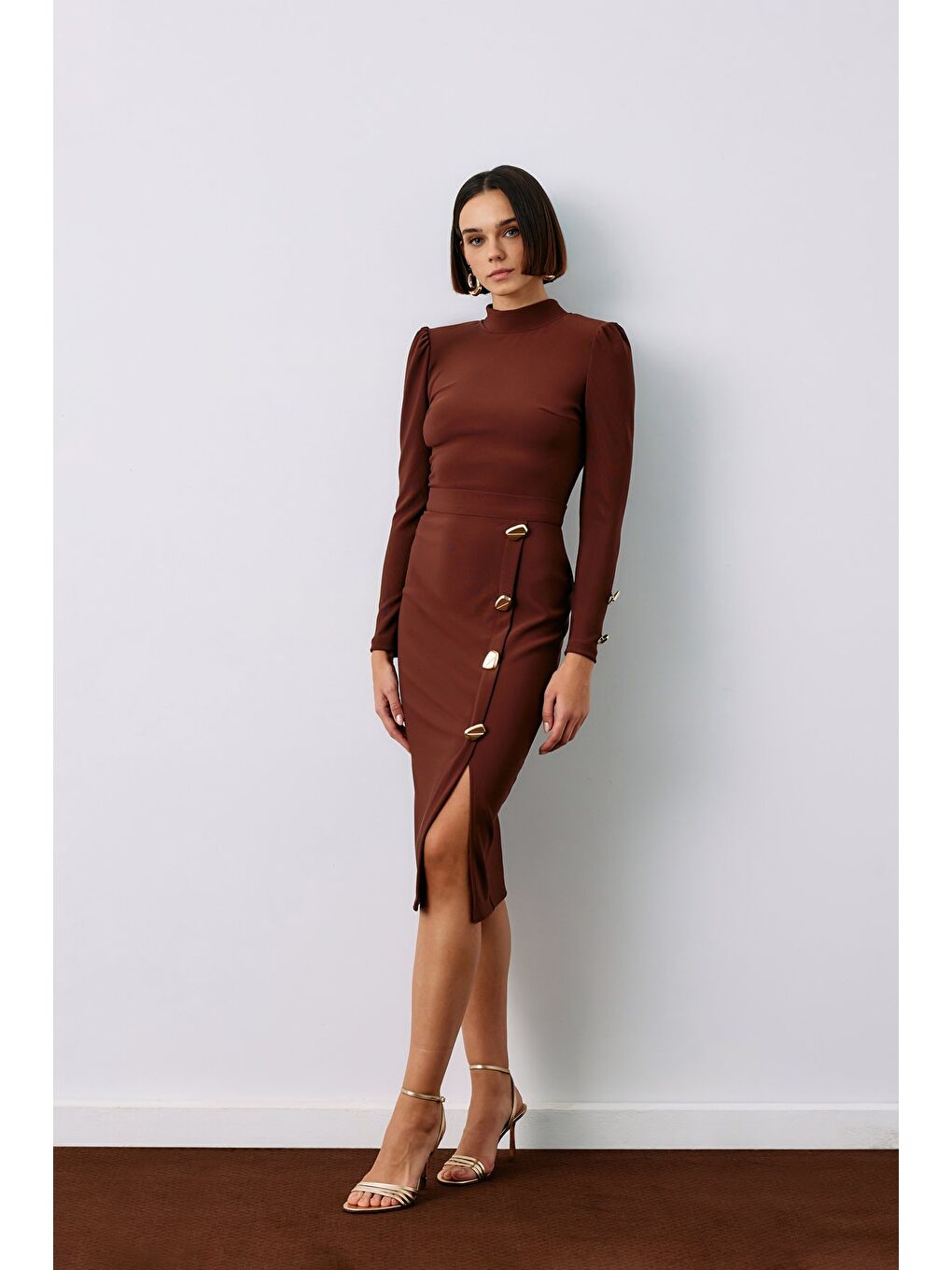 Kahverengi Düğme Detaylı Kalem Etek - Kahve-1