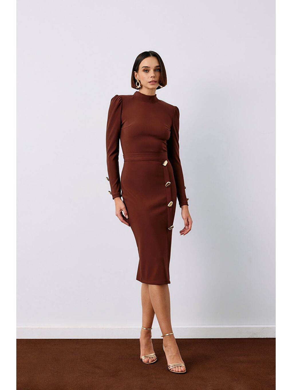 Kahverengi Düğme Detaylı Kalem Etek - Kahve-2