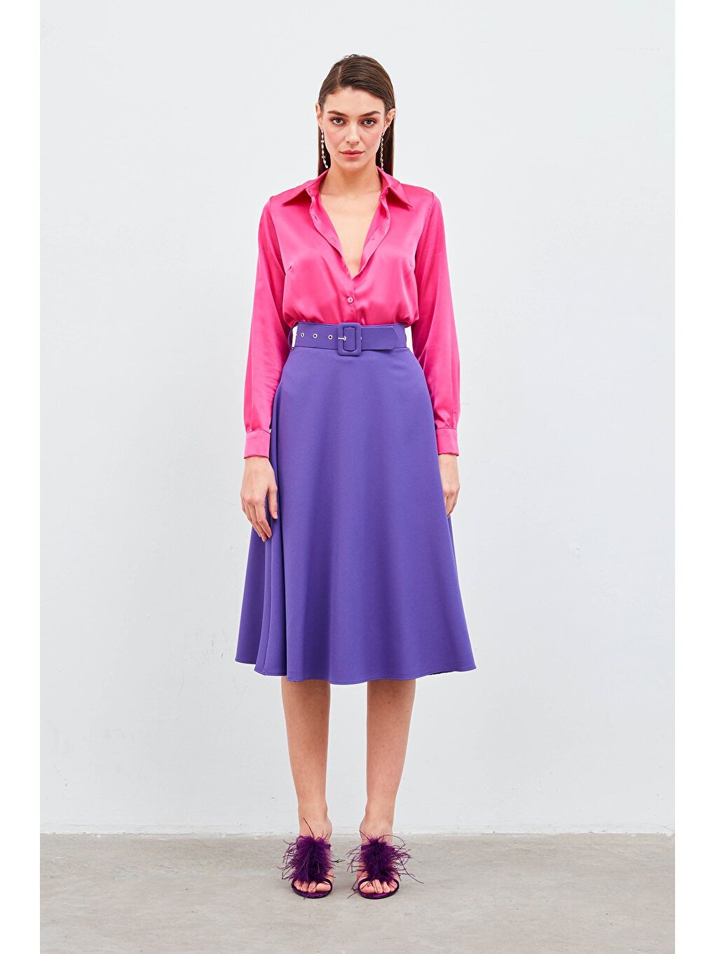 Kemerli Kloş Etek - Mor