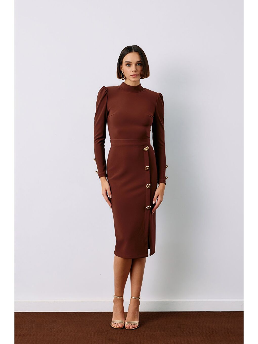 Kahverengi Düğme Detaylı Kalem Etek - Kahve-3