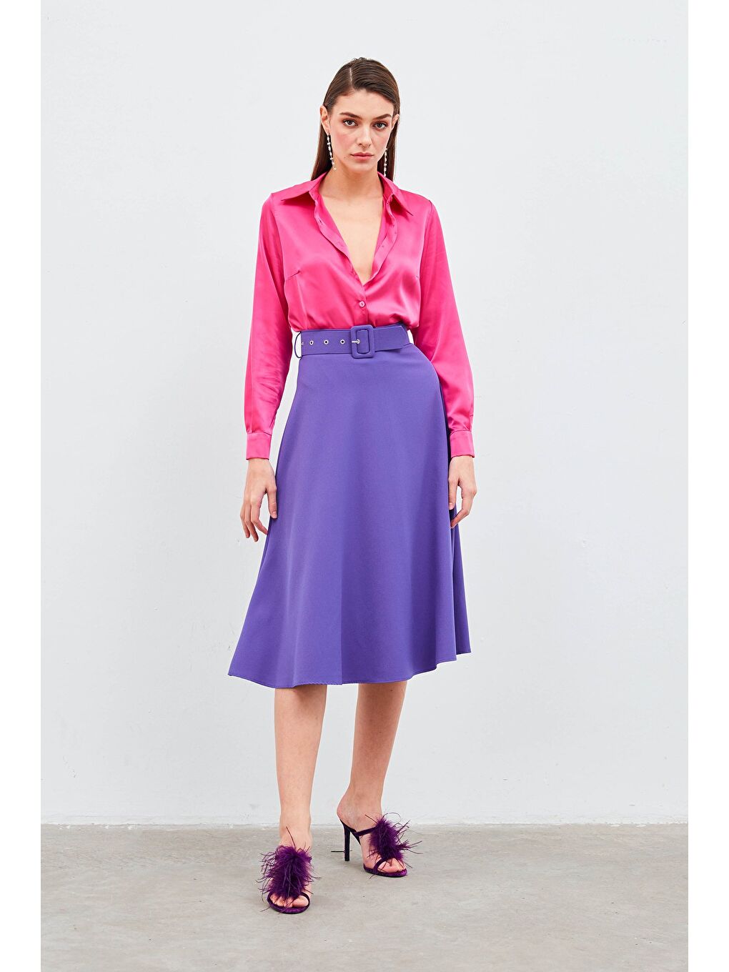 Kemerli Kloş Etek - Mor-1