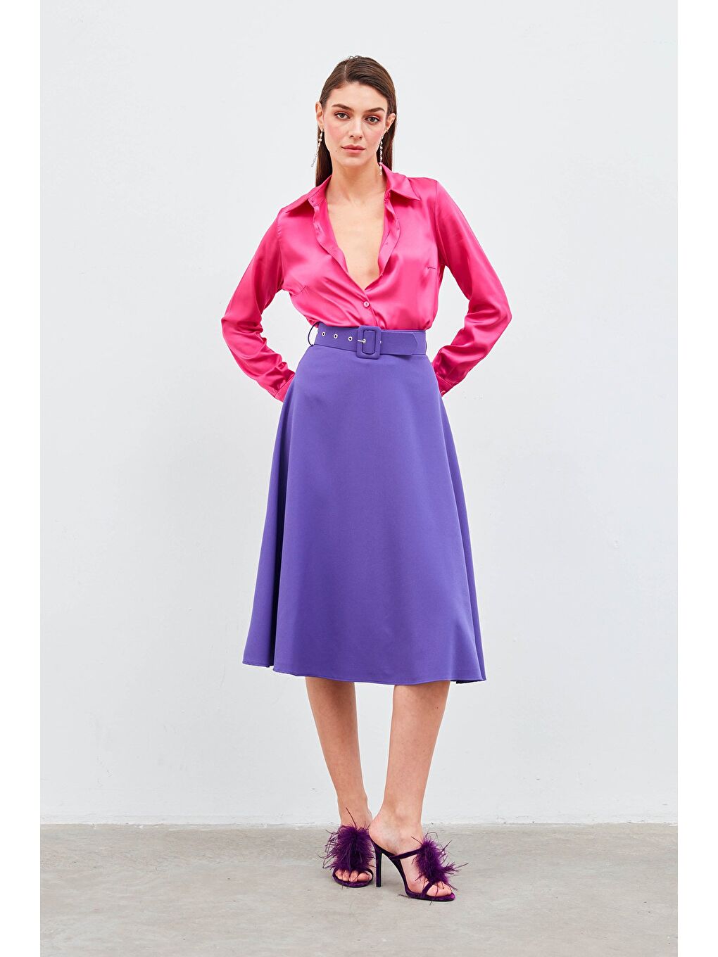 Kemerli Kloş Etek - Mor-2
