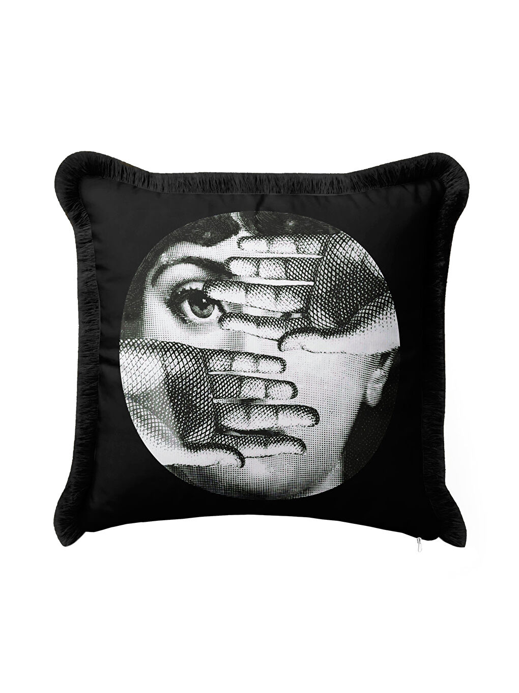 Karışık Modern Sanat İkonik Saçaklı Yastık Kılıfı - Sürreal Retro Siyah Gümüş Püsküllü Kırlent Kılıfı-2