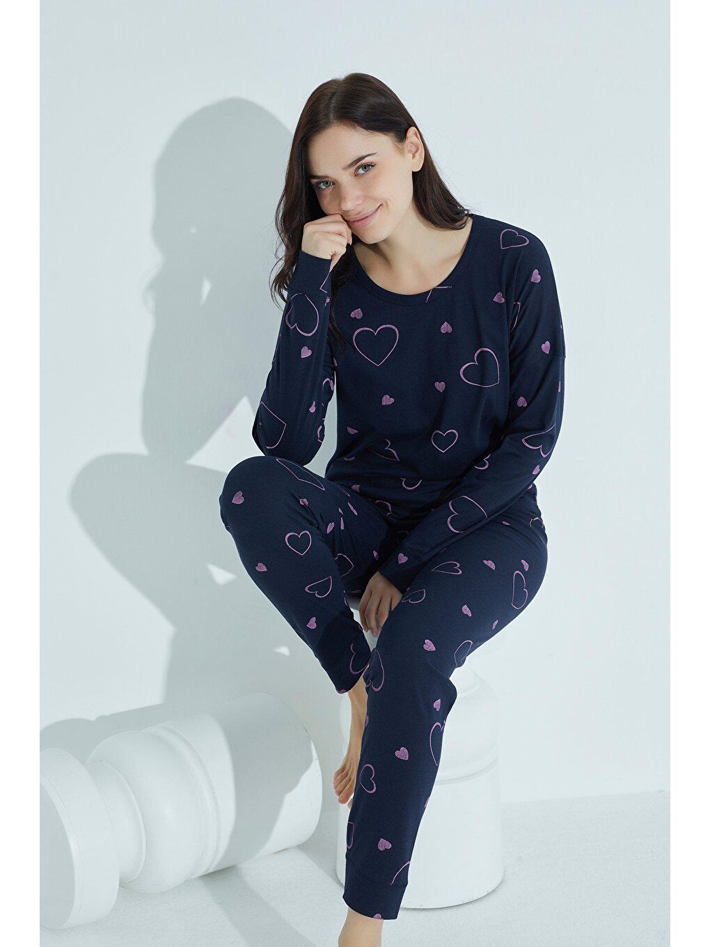 Lacivert Kadın Desenli Pijama Takımı Bisiklet Yaka  957-1