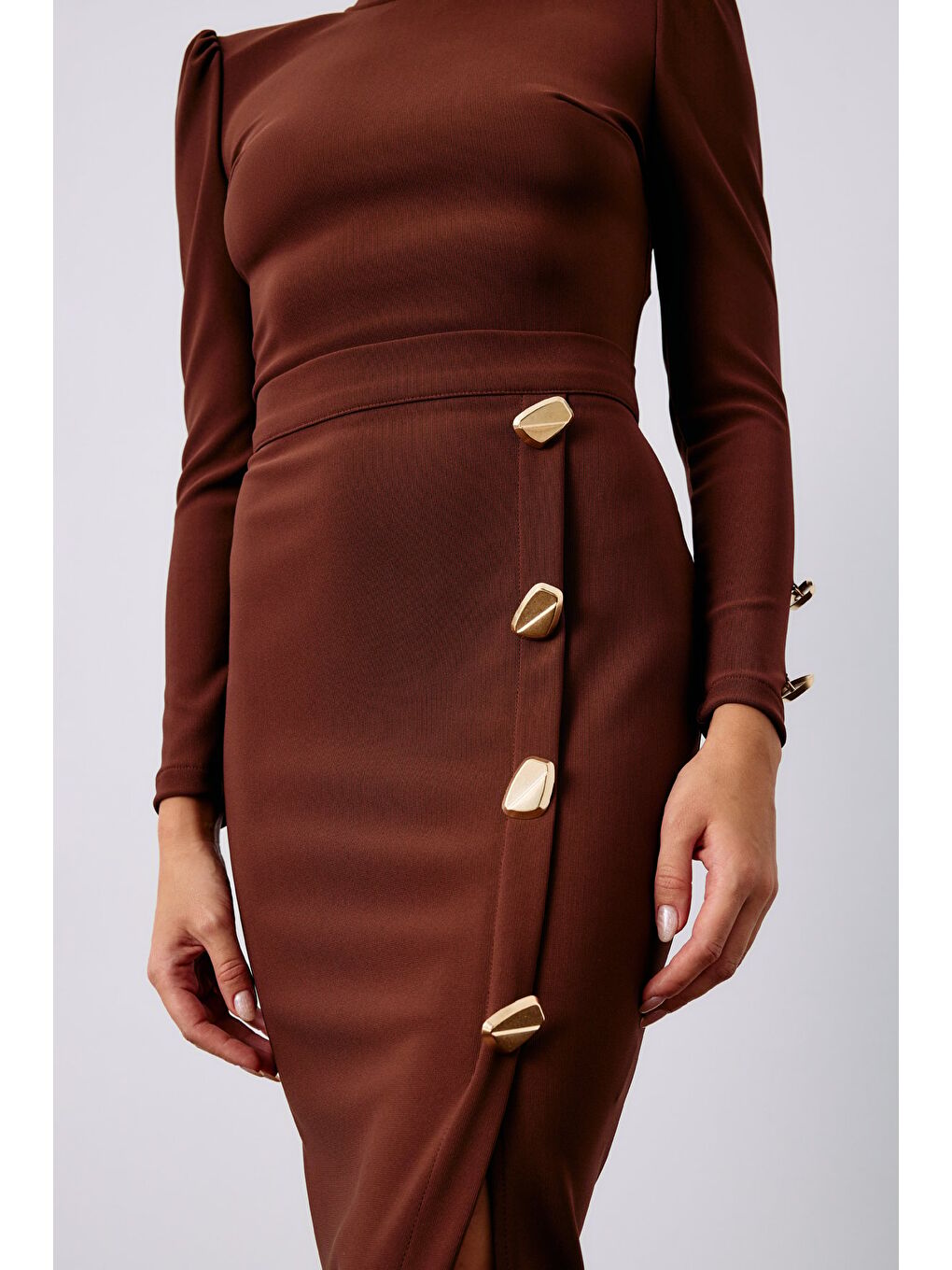 Kahverengi Düğme Detaylı Kalem Etek - Kahve-5