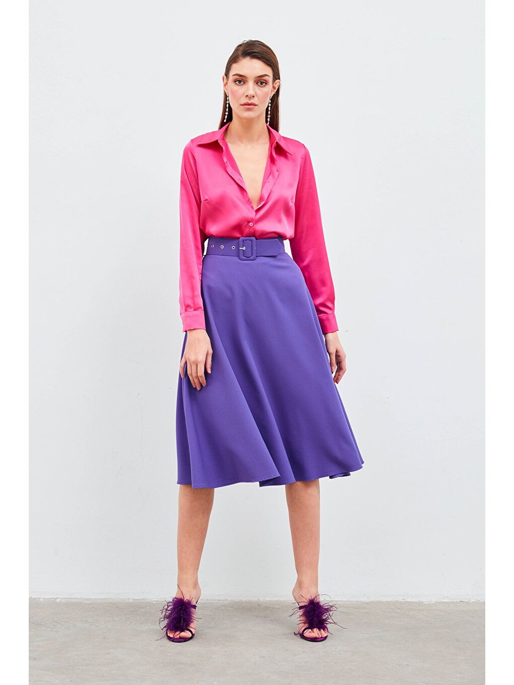 Kemerli Kloş Etek - Mor-3