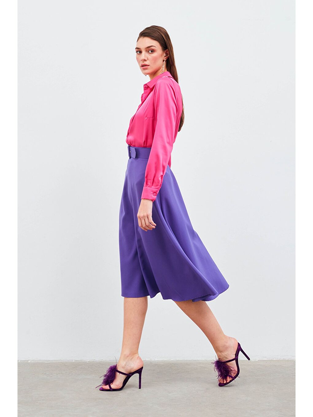 Kemerli Kloş Etek - Mor-4