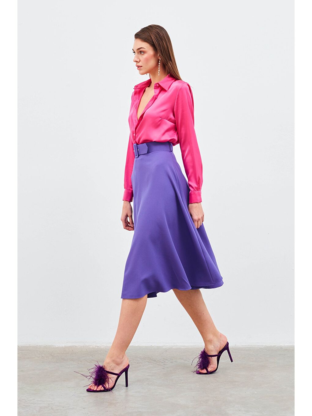 Kemerli Kloş Etek - Mor-5