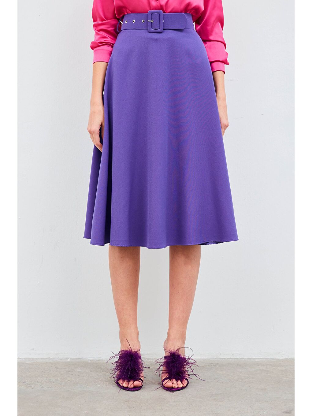 Kemerli Kloş Etek - Mor-6
