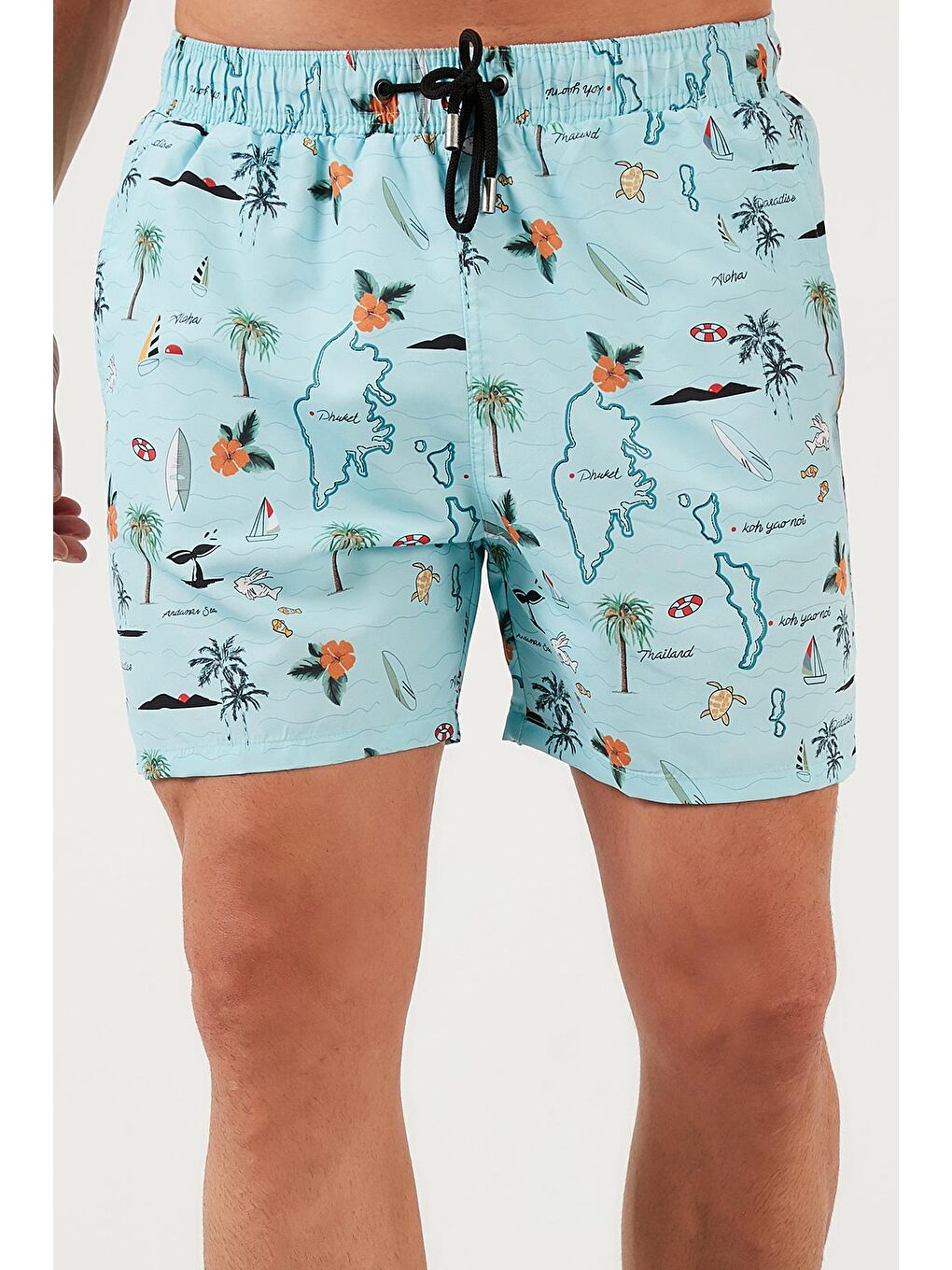 Turkuaz Desenli Deniz Şortu Belden Bağlamalı Cepli Erkek Mayo Short 3800558-3