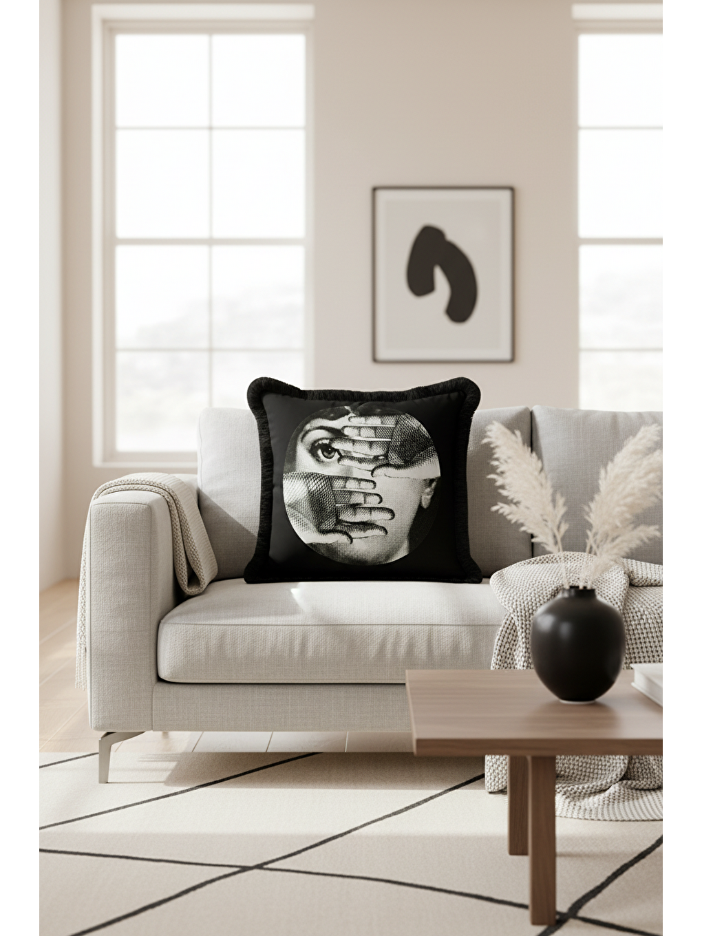 Karışık Modern Sanat İkonik Saçaklı Yastık Kılıfı - Sürreal Retro Siyah Gümüş Püsküllü Kırlent Kılıfı-3