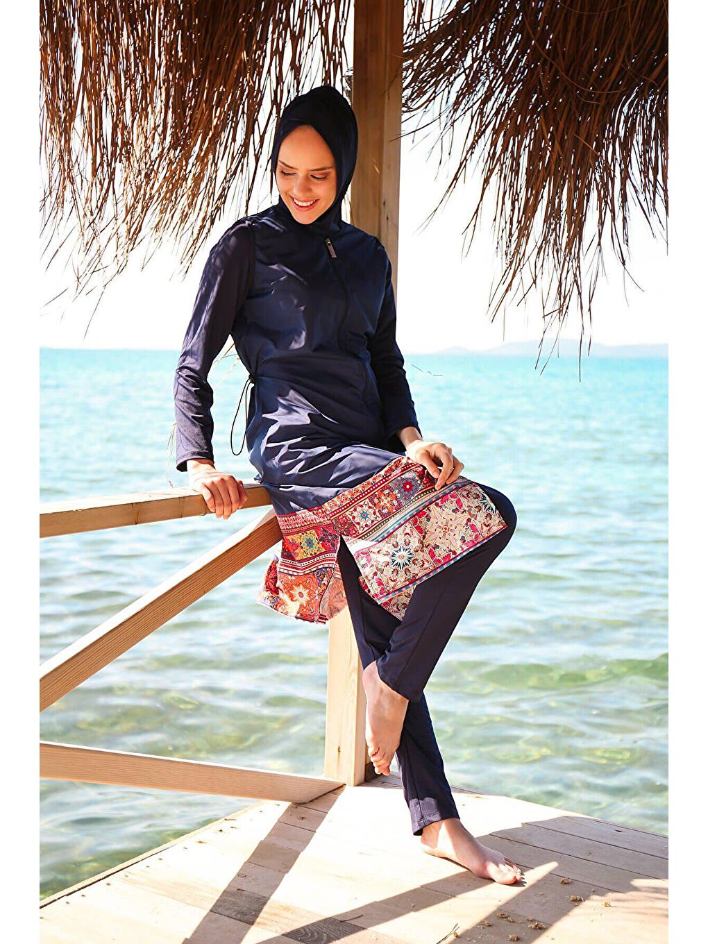 4’lü Paraşüt Lacivert Etek Ucu Desenli Fermuarlı Tam Kapalı Tesettür Mayo 1982-3