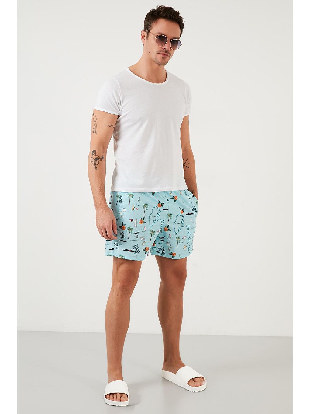 Turkuaz Desenli Deniz Şortu Belden Bağlamalı Cepli Erkek Mayo Short 3800558-4