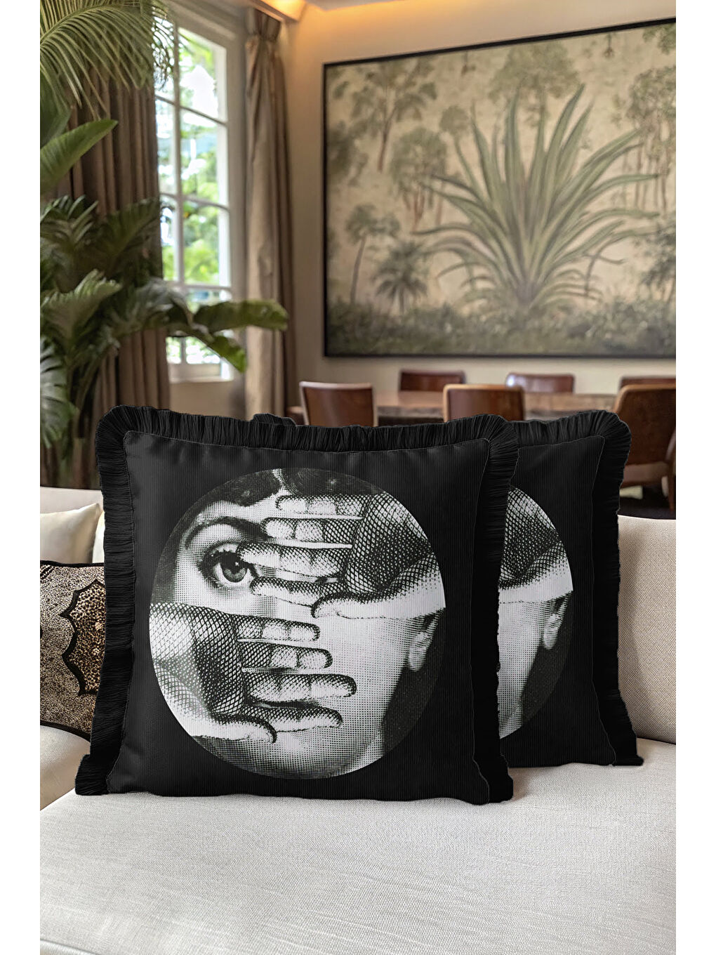 Karışık Modern Sanat İkonik Saçaklı Yastık Kılıfı - Sürreal Retro Siyah Gümüş Püsküllü Kırlent Kılıfı-5