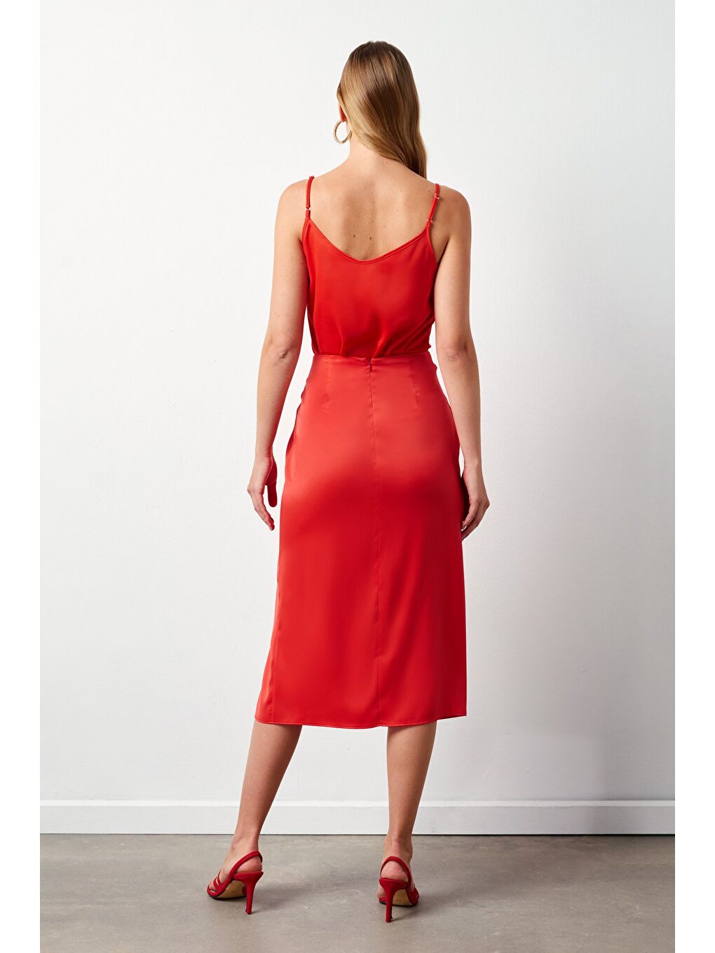 Bağlamalı Saten Etek - Mercan-5