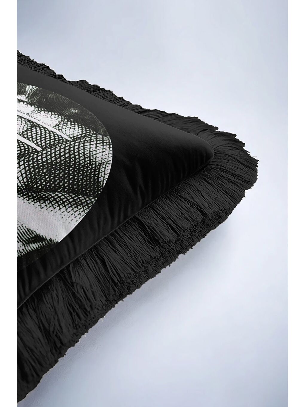 Karışık Modern Sanat İkonik Saçaklı Yastık Kılıfı - Sürreal Retro Siyah Gümüş Püsküllü Kırlent Kılıfı-6