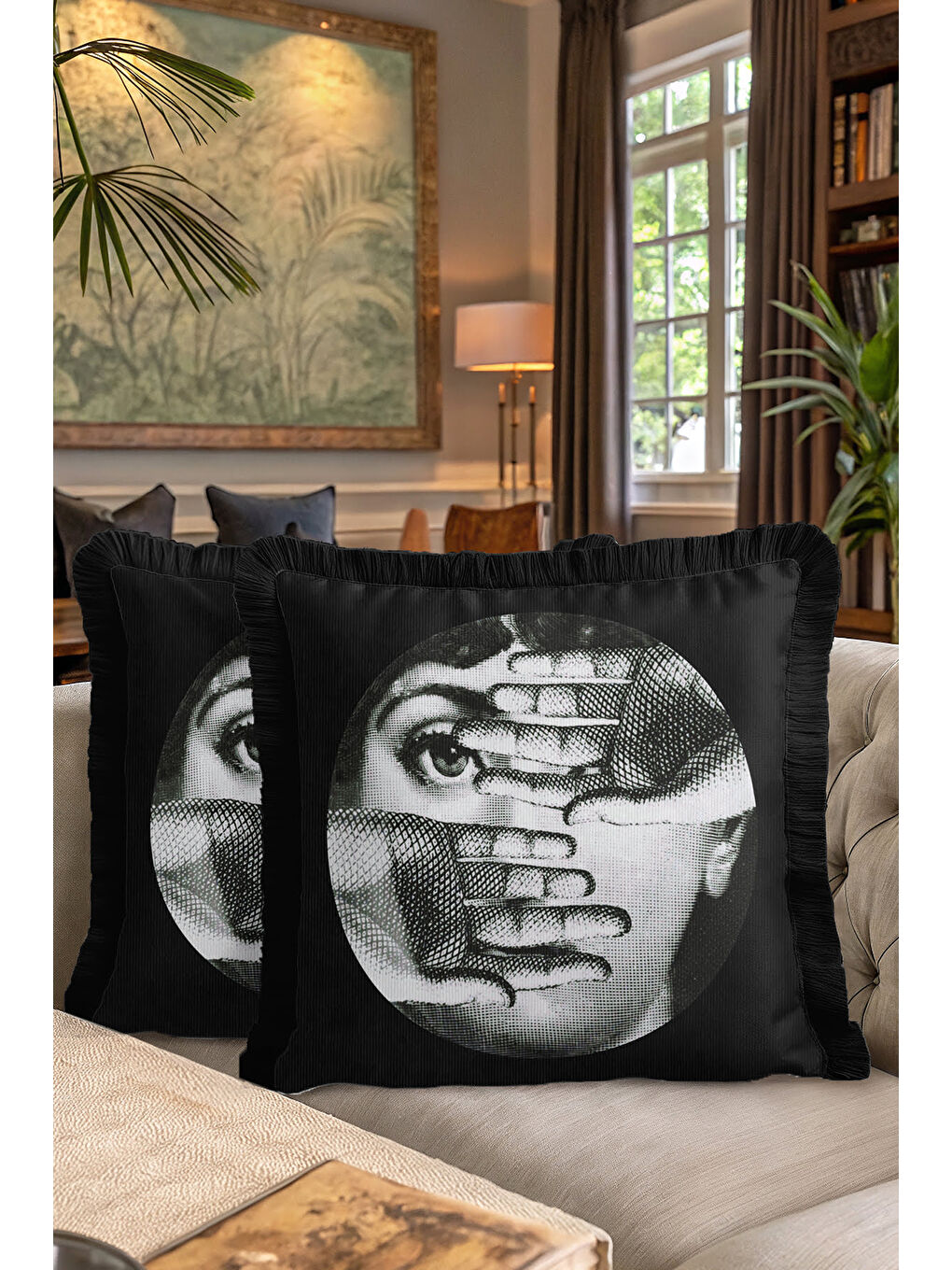 Karışık Modern Sanat İkonik Saçaklı Yastık Kılıfı - Sürreal Retro Siyah Gümüş Püsküllü Kırlent Kılıfı-7