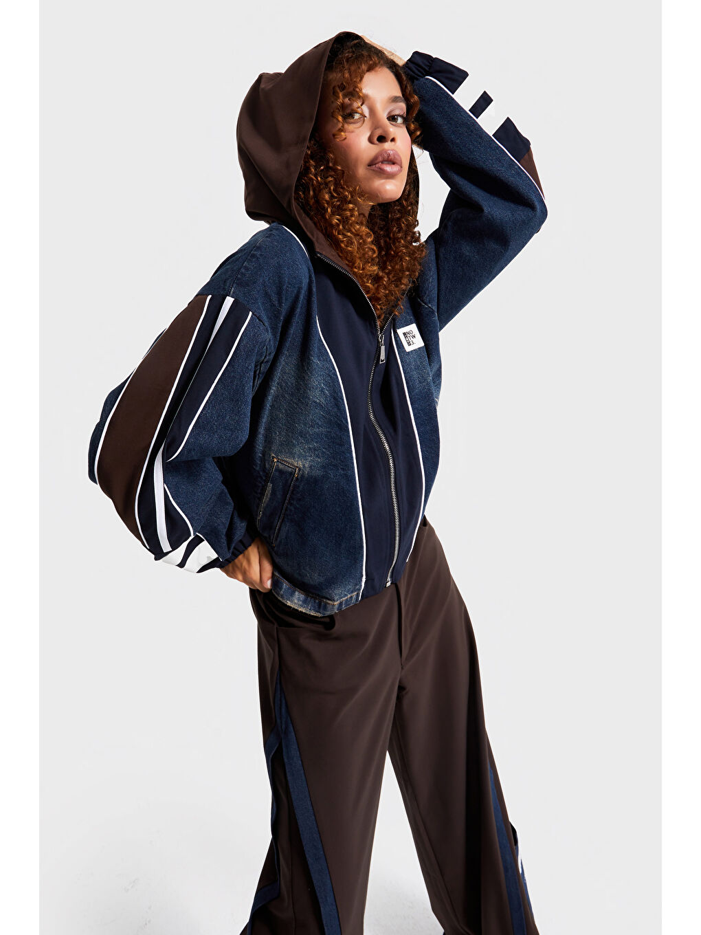 Mavi Kadın Jean Rengi Denim Dokuma Çift Parça Kumaş Oversize Kapüşonlu Tasarım Denim Ceket