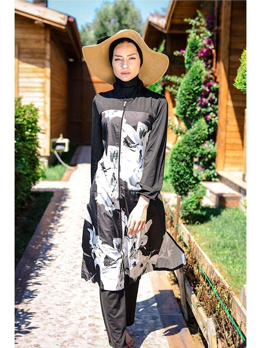Siyah Çiçek Desenli Paraşüt 3’lü Tam Kapalı Tesettür Mayo 1993-2