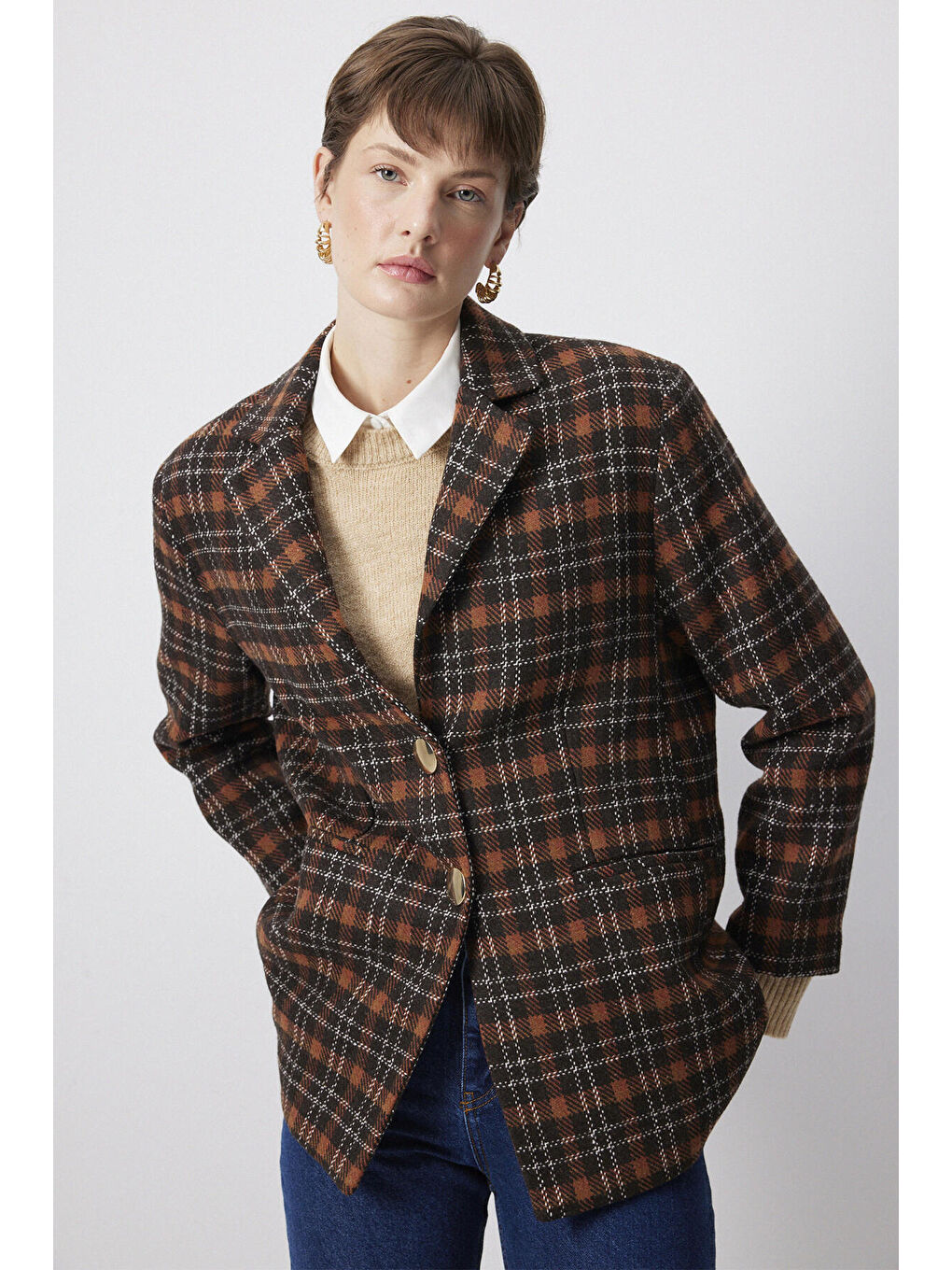 Kahverengi Gold Düğmeli Ekose Blazer Ceket