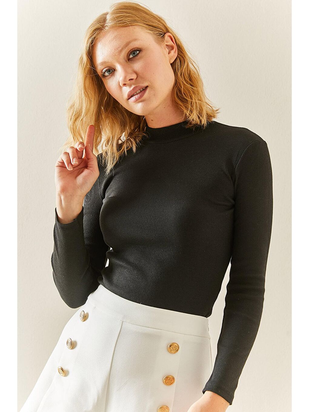 Siyah Balıkçı Yaka Fitilli Bluz 3YXK2-47543-02-4