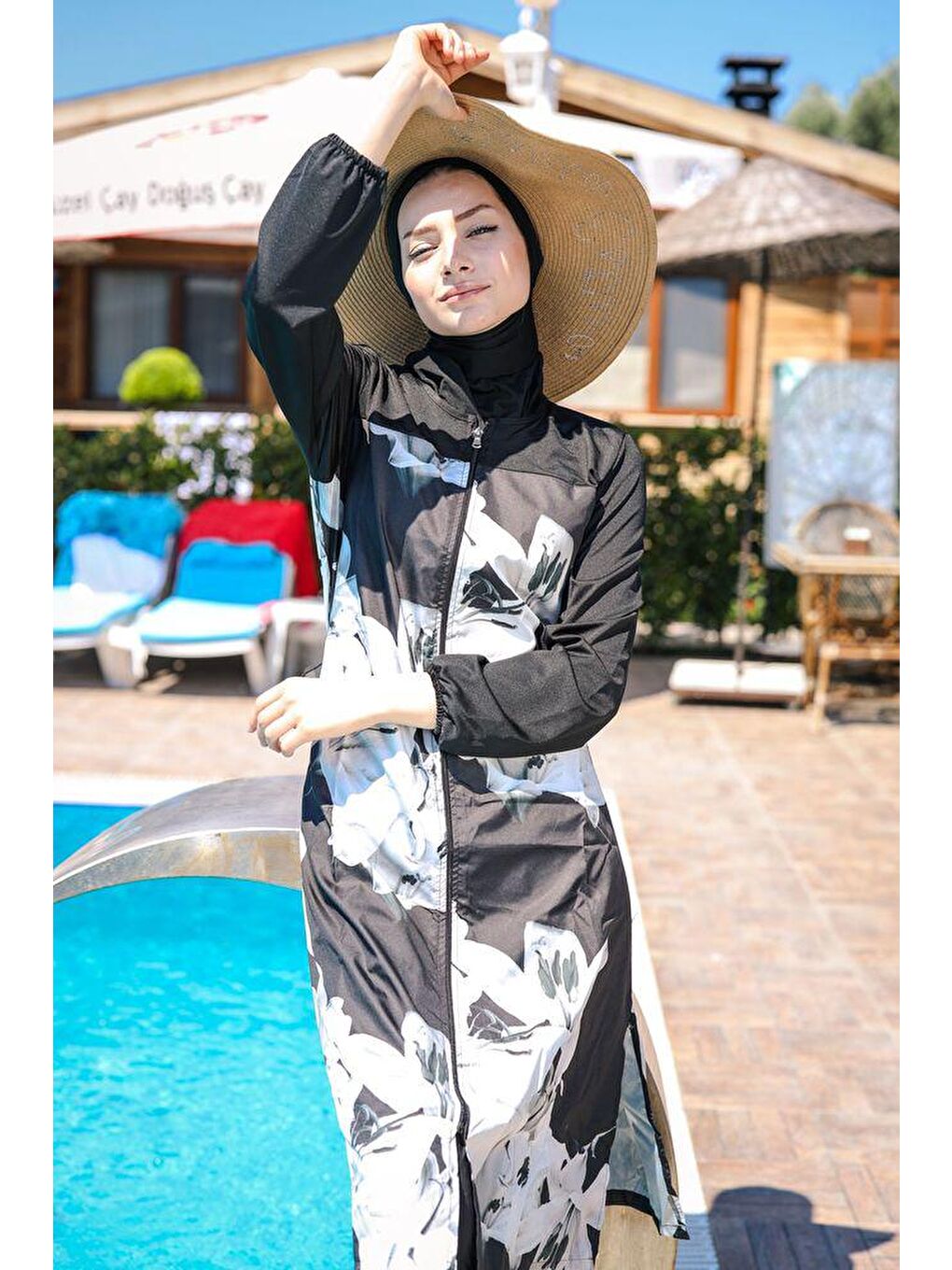 Siyah Çiçek Desenli Paraşüt 3’lü Tam Kapalı Tesettür Mayo 1993-4