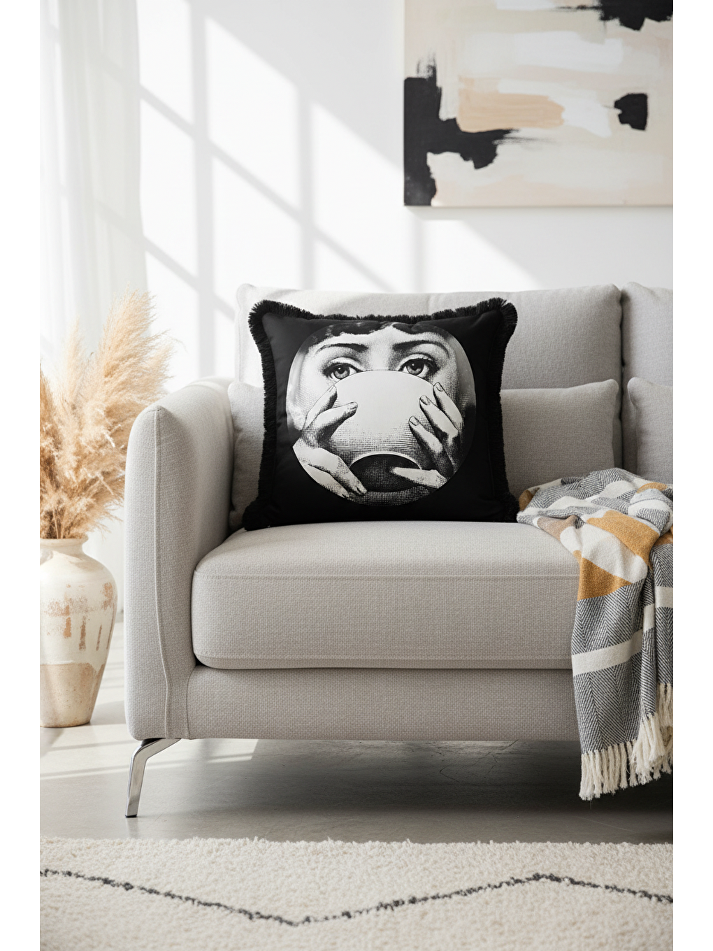 Karışık Sanatsal Portre Saçaklı Yastık Kılıfı - Monokrom Pop Art Modern Siyah Püsküllü Kırlent Kılıfı-3