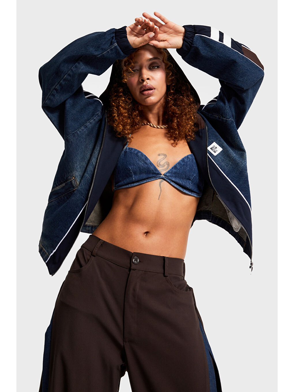 Mavi Kadın Jean Rengi Denim Dokuma Çift Parça Kumaş Oversize Kapüşonlu Tasarım Denim Ceket-3