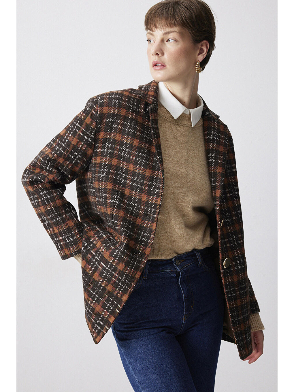 Kahverengi Gold Düğmeli Ekose Blazer Ceket-1