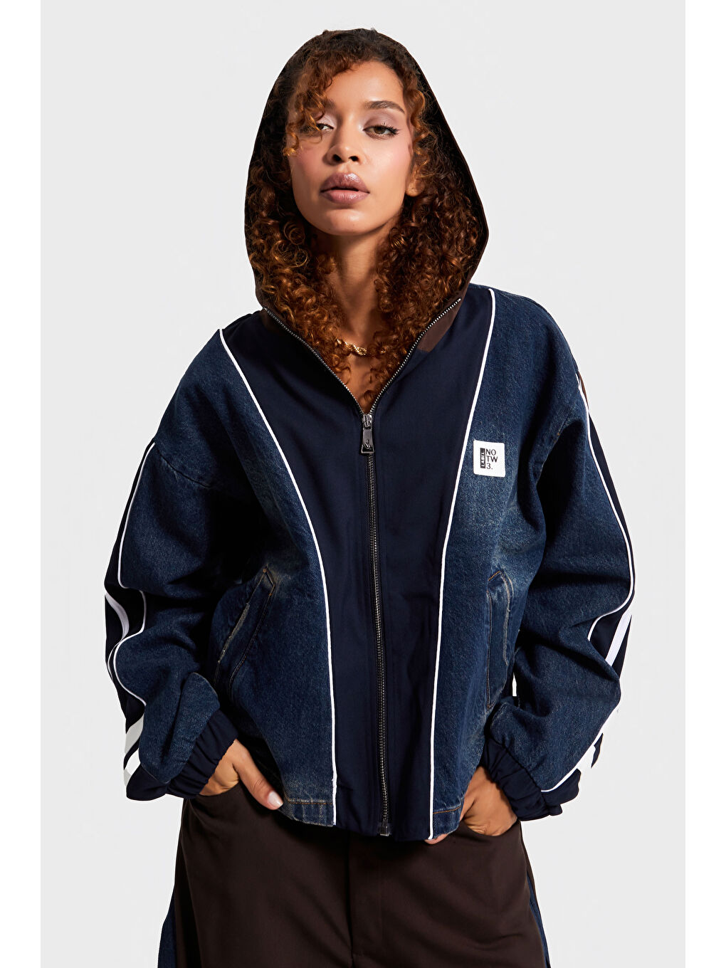 Mavi Kadın Jean Rengi Denim Dokuma Çift Parça Kumaş Oversize Kapüşonlu Tasarım Denim Ceket-4