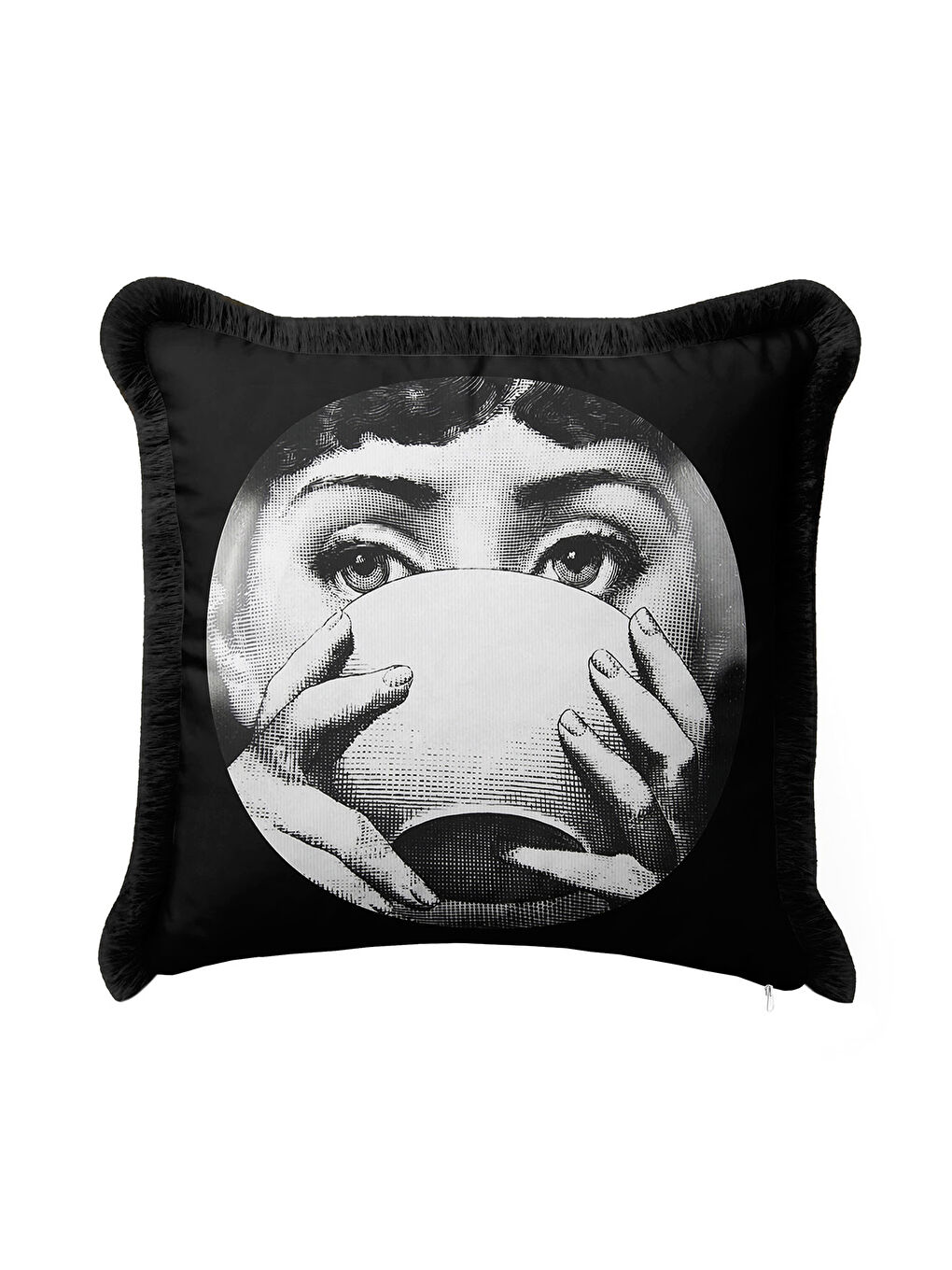 Karışık Sanatsal Portre Saçaklı Yastık Kılıfı - Monokrom Pop Art Modern Siyah Püsküllü Kırlent Kılıfı-4