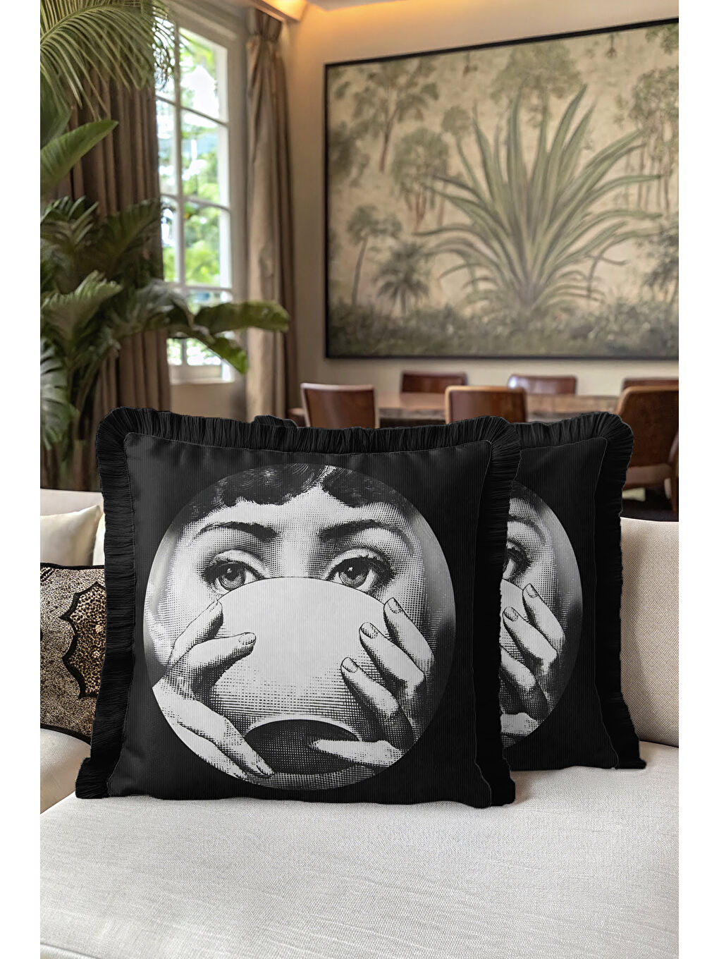 Karışık Sanatsal Portre Saçaklı Yastık Kılıfı - Monokrom Pop Art Modern Siyah Püsküllü Kırlent Kılıfı-5