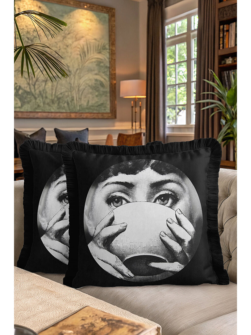 Karışık Sanatsal Portre Saçaklı Yastık Kılıfı - Monokrom Pop Art Modern Siyah Püsküllü Kırlent Kılıfı-7