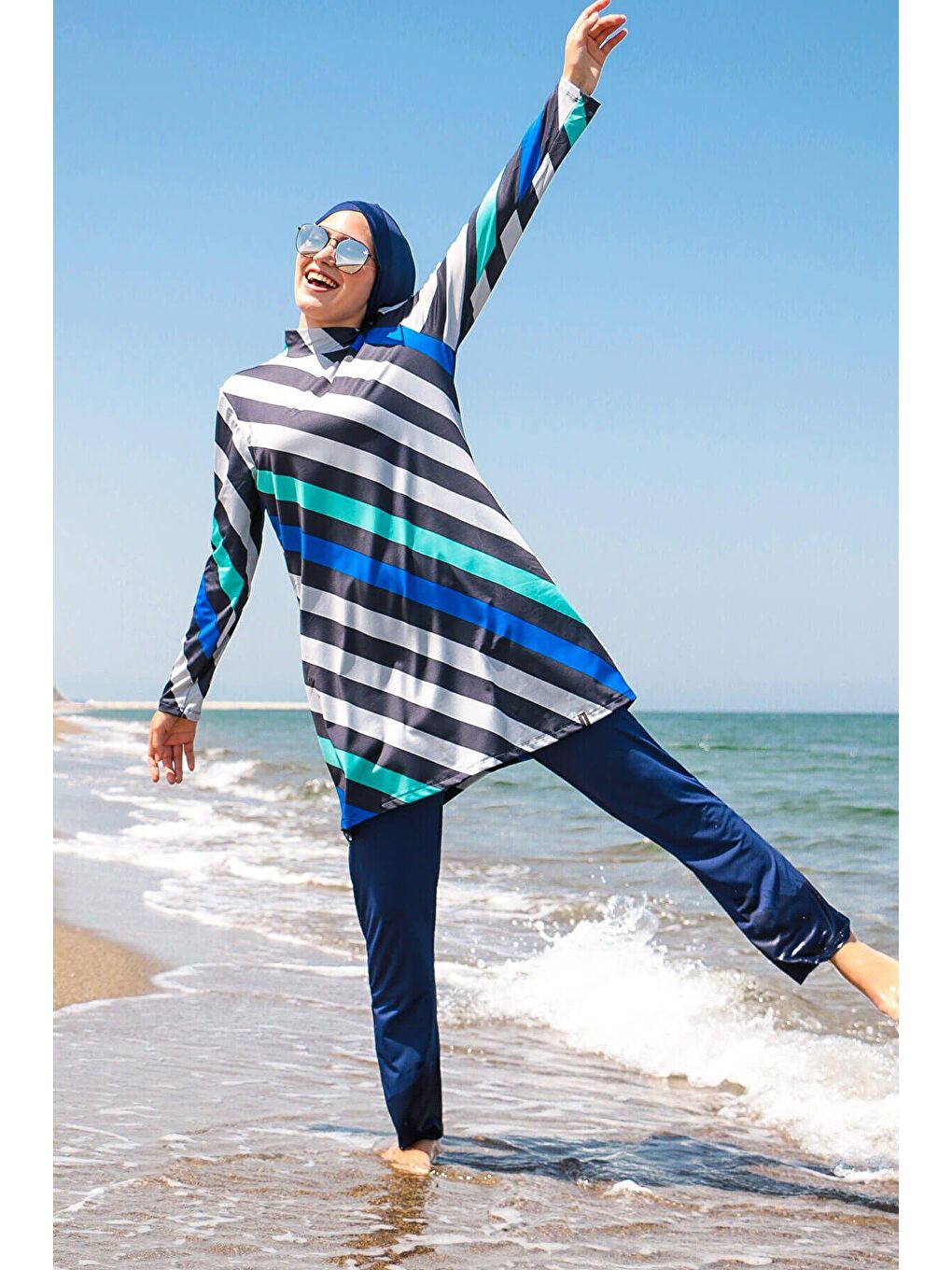 Lacivert Çizgili Tam Kapalı Tesettür Mayo 1953-3