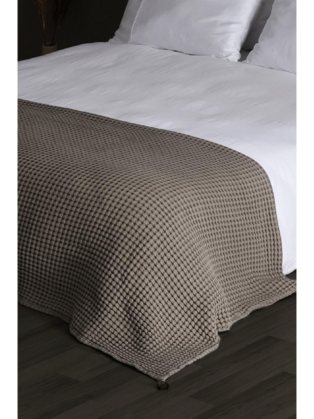 Bej 100% Pamuk Çift Kişilik Kalın Waffle Pike Örtü -  200x220 cm