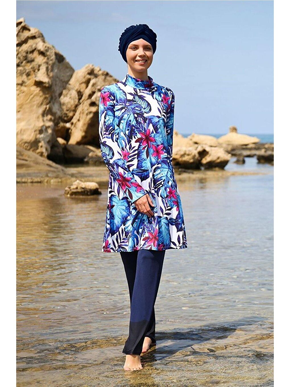 Lacivert Desenli Tam Kapalı Tesettür Mayo 1965-1