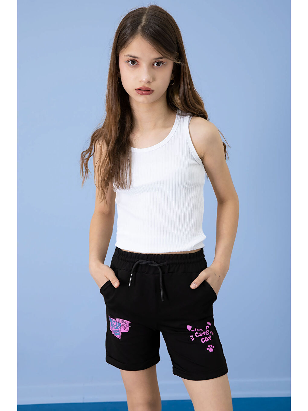 Siyah Patili Cute Baskılı Kız Çocuk Beli Lastikli Şort 20726