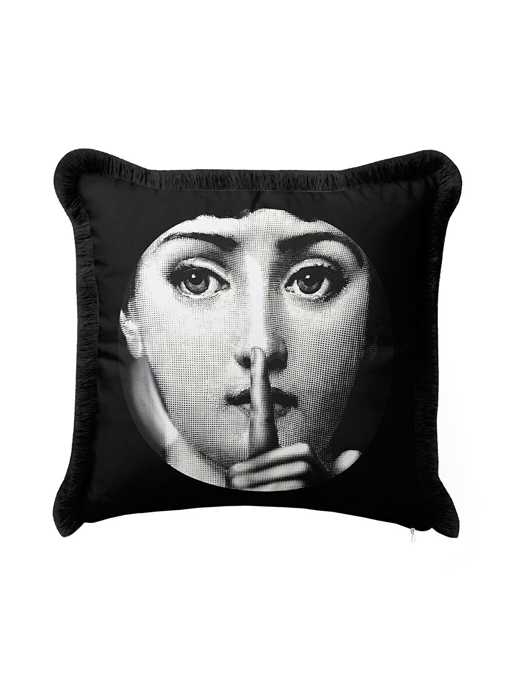 Karışık Pop Art Portre Saçaklı Yastık Kılıfı - Monokrom Modern Siyah Püsküllü Kırlent Kılıfı-3