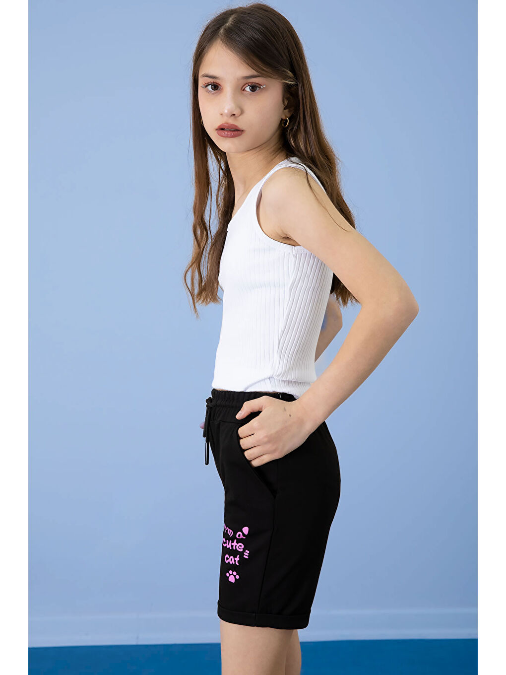 Siyah Patili Cute Baskılı Kız Çocuk Beli Lastikli Şort 20726-1