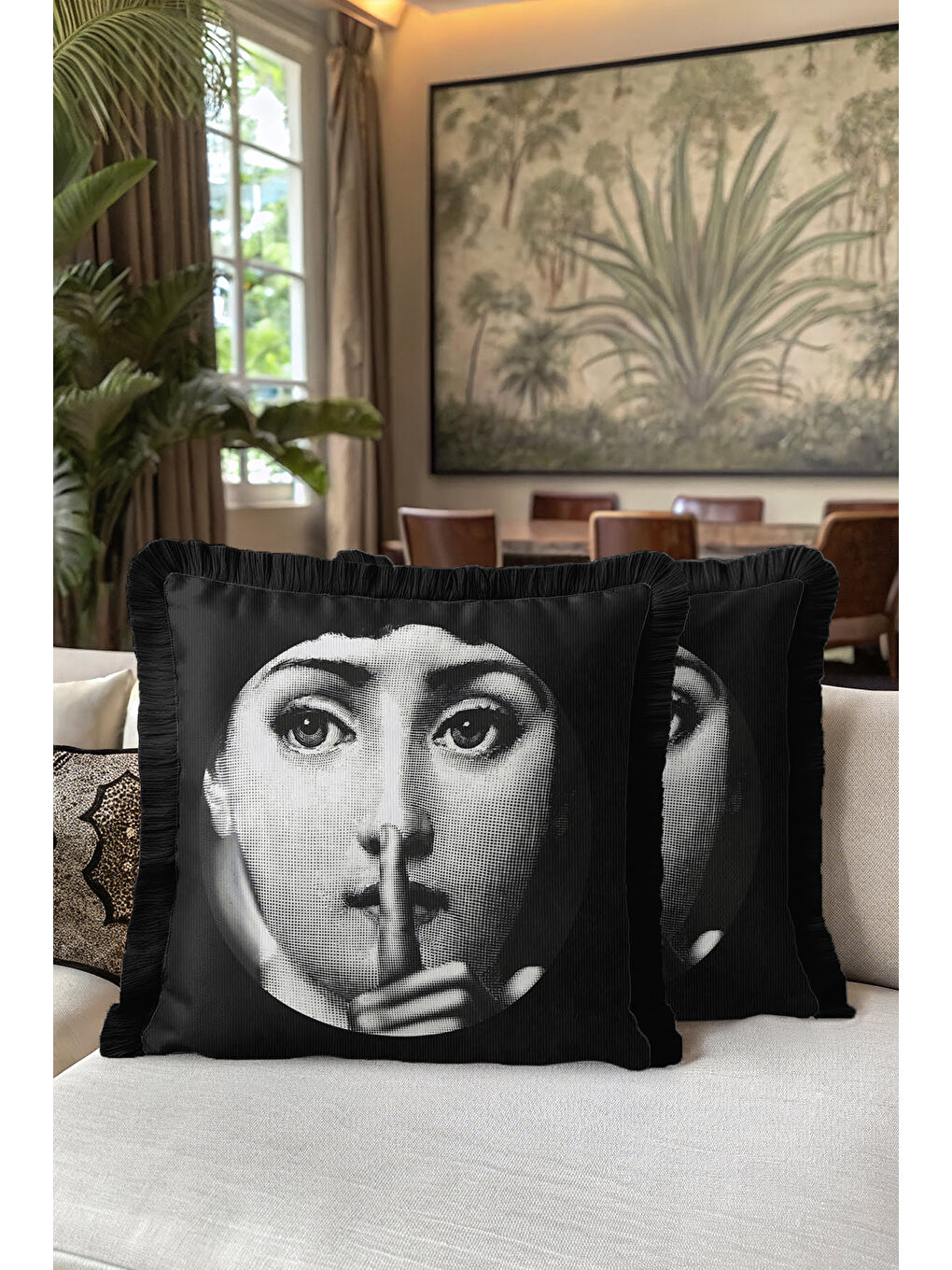 Karışık Pop Art Portre Saçaklı Yastık Kılıfı - Monokrom Modern Siyah Püsküllü Kırlent Kılıfı-5