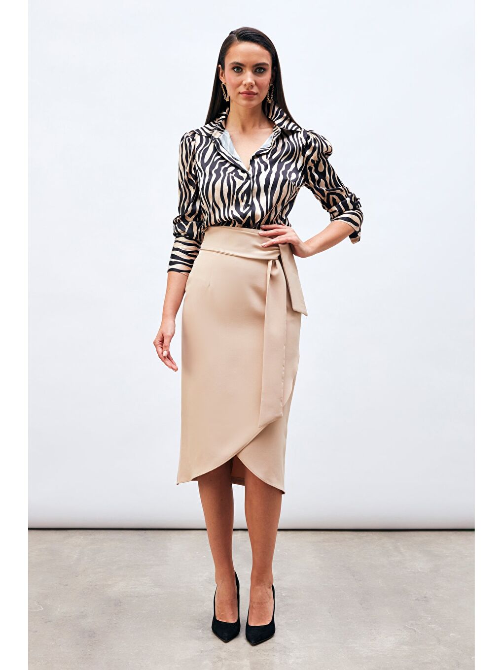 SATEEN Kuşaklı Kalem Etek - Bej - 2