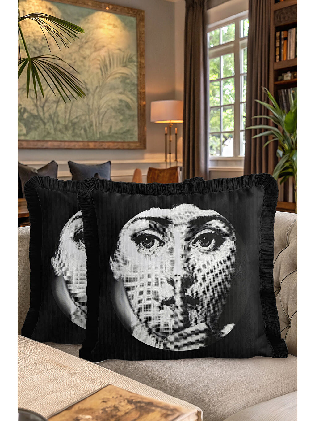 Karışık Pop Art Portre Saçaklı Yastık Kılıfı - Monokrom Modern Siyah Püsküllü Kırlent Kılıfı-7