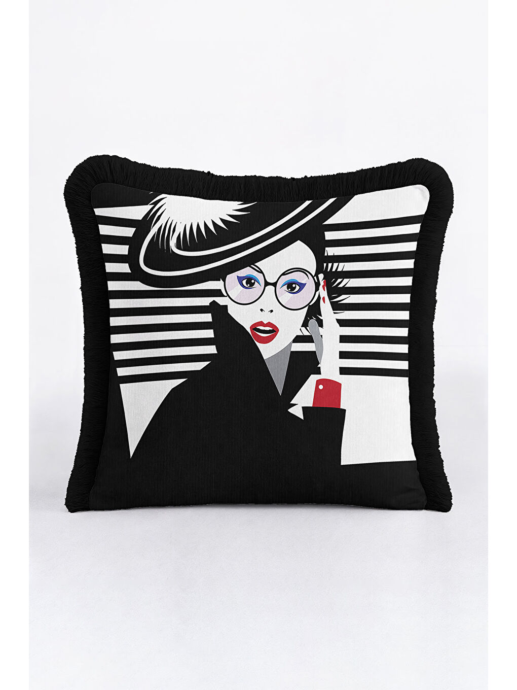 Karışık Portre Sanatı Saçaklı Yastık Kılıfı - Minimalist Modern Siyah Beyaz Püsküllü Kırlent Kılıfı-1