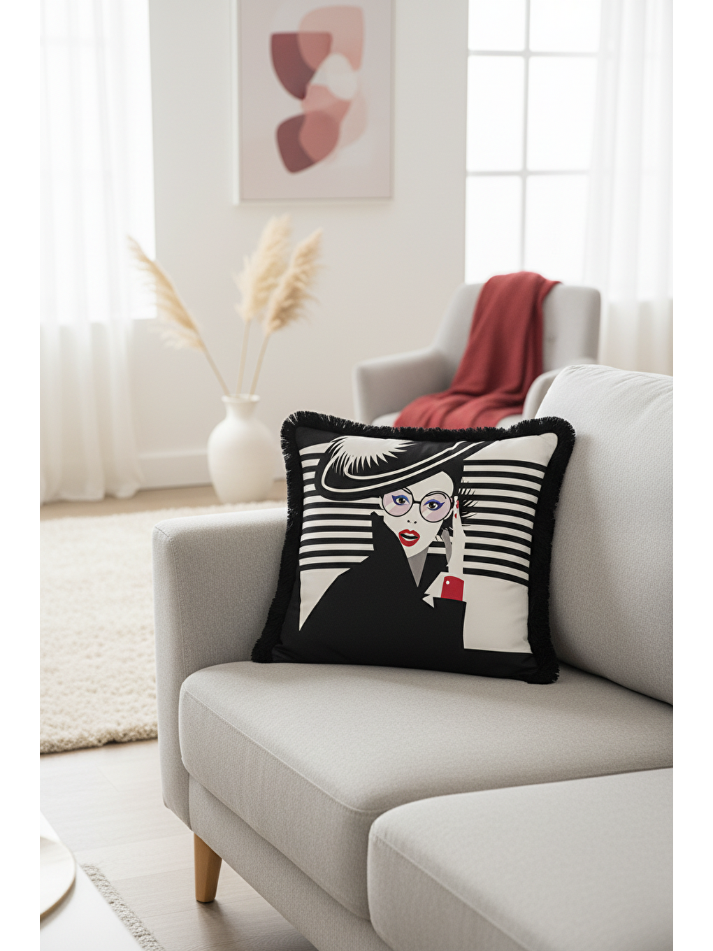 Karışık Portre Sanatı Saçaklı Yastık Kılıfı - Minimalist Modern Siyah Beyaz Püsküllü Kırlent Kılıfı-2